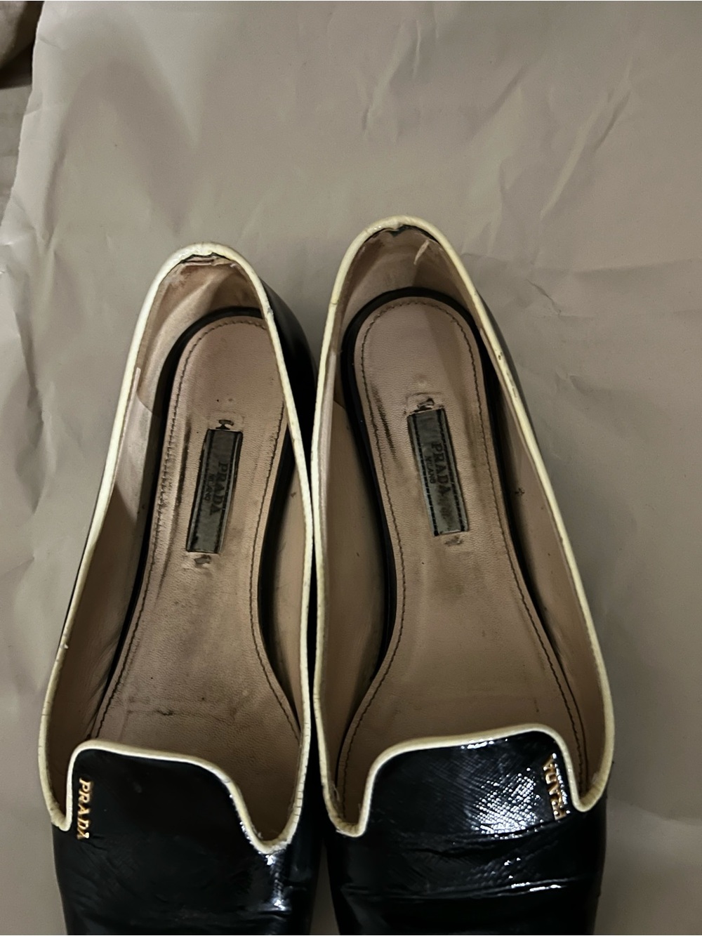 Prada Black Patent Leather Flats with Cream Piping